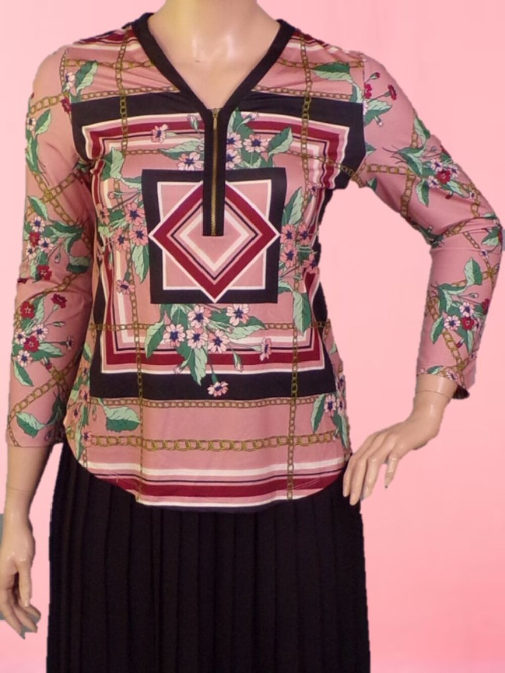SHARAGANO size M multicolor (mostly pink) long-sleeve pullover top poly/span HW